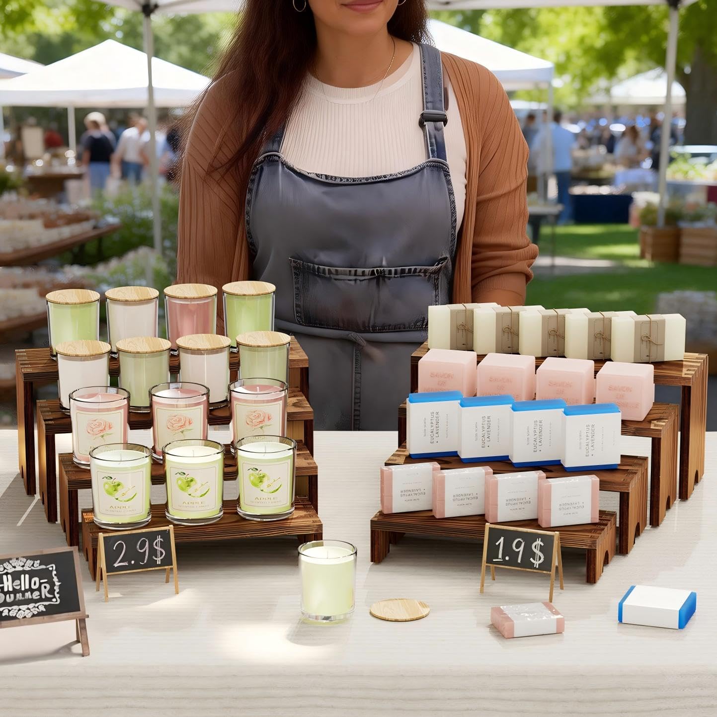 2 Set Wooden Tiered Risers Display Stands for Vendor Events,Stackable Wooden Cupcake Display Stand,Farmhouse Decor Wood Dessert Table Display Set,Vendor Booth Display Items,Food Display Risers for Party（12-11.2-10.4-9.6IN）