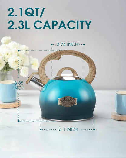 Hauce Radio Tea Kettle, Whistling Stovetop Teapot Food Grade Stainless Steel Tea Kettles for Stove Top with Anti-hot Ergonomic Handle,Kettle Spout for Tea, Coffee or Milk, 2.1 Quart Tea Pots