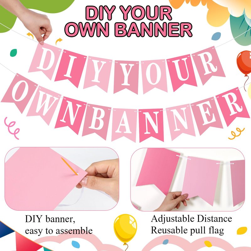 Mooliwe 171 Pcs DIY Custom Banner Kit Make Your Own Customizable Sign for Birthday Wedding Party Decoration Include 20 Paper Pennant 148 Letters and Numbers 1 Rope 2 Threading Device (Pink)