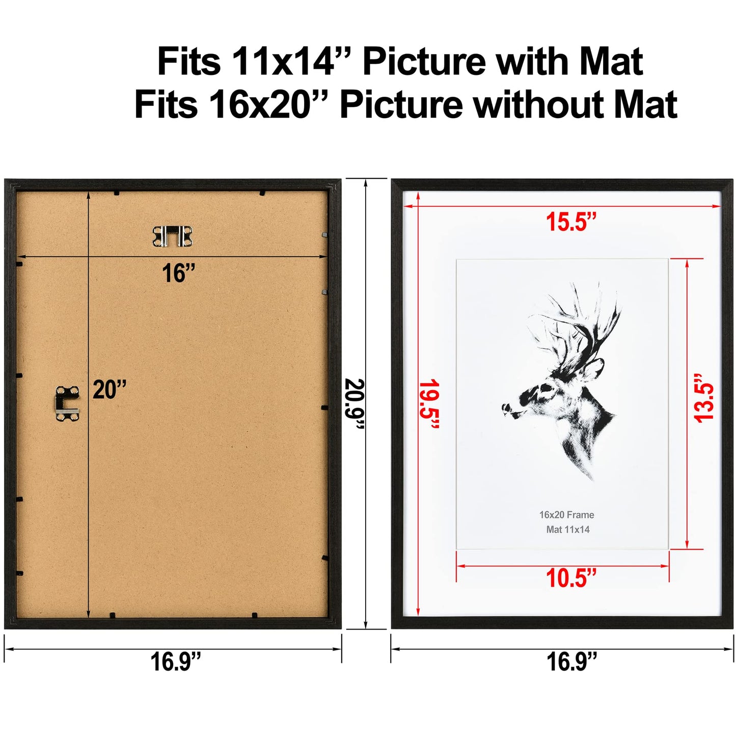 Yaetm 16x20 Frame Matted to 11x14 Set of 4, Solid Wood Black Picture Frame 16x20 for Photos, Posters & Art Prints, Wall Gallery for Horizontal and Vertical Wall Mount (4 pack, Black)