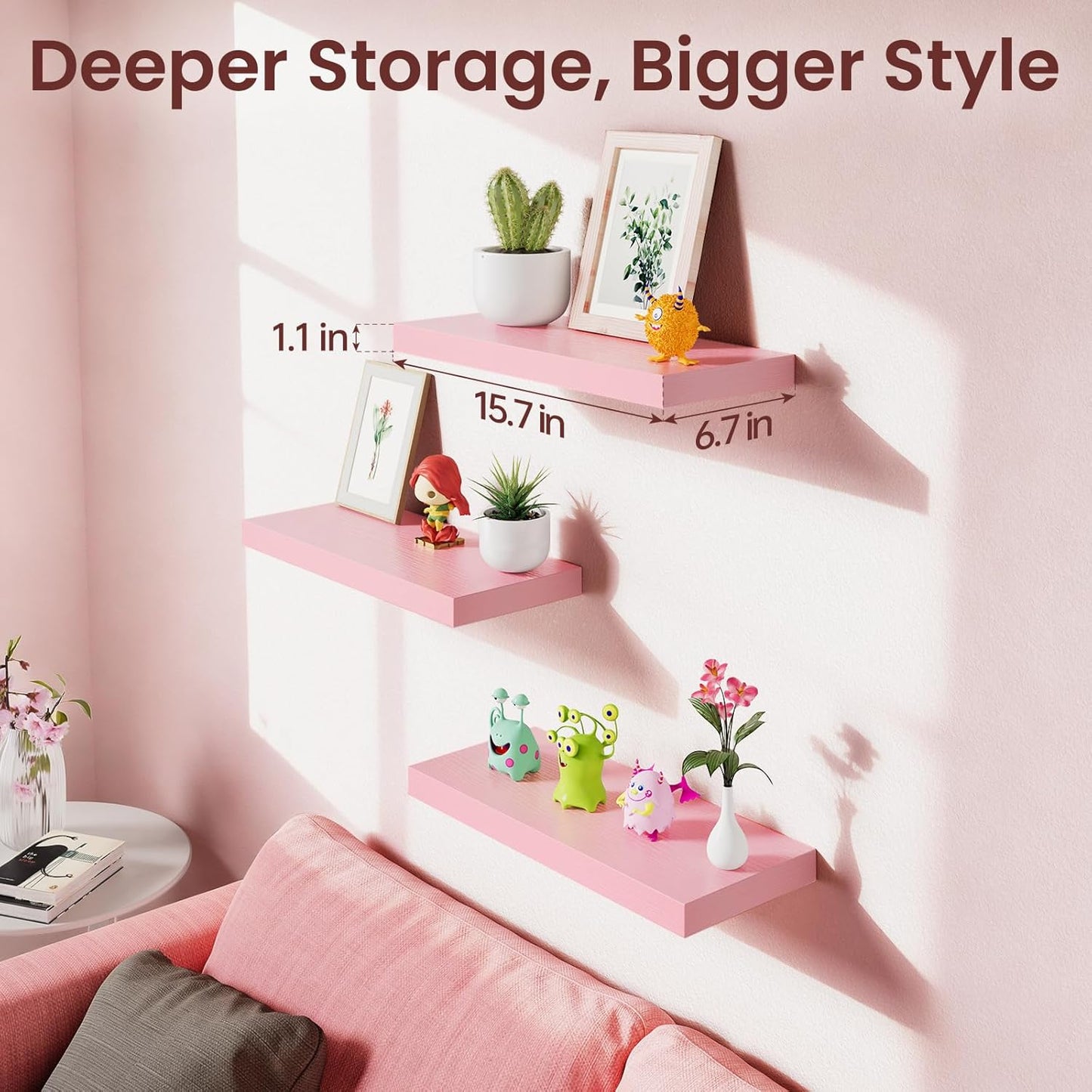 BAYKA Floating Wall Shelves - Set of 3 Pink Wood Shelves for Bathroom, Bedroom & Living Room | 15.7in, 22lbs Capacity