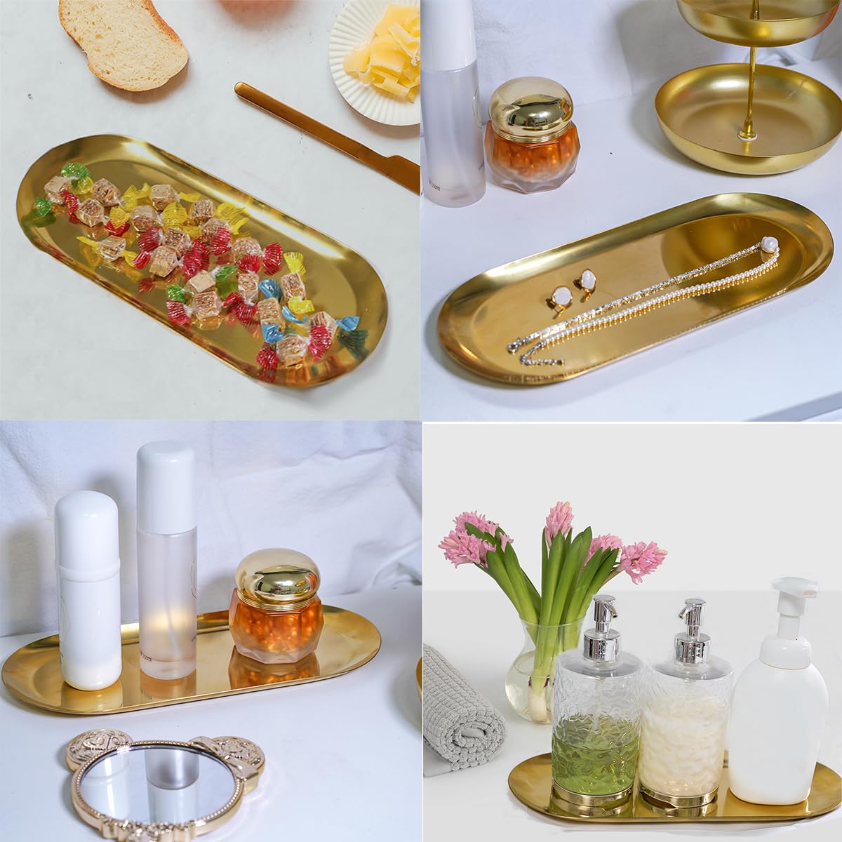 12inch Large Decorative Tray, Thicken Stainless Steel Bathroom Vanity Tray for Dresser Counter, Oval Jewelry Perfume Cosmetics Trays Organizer (Gold)