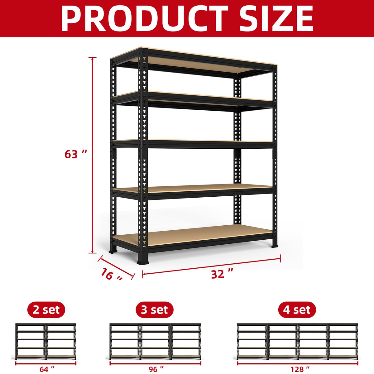 PrimeZone Heavy Duty Garage Storage Shelves, 31.5" W x 16" D x 63" H Adjustable Gargae Shelving, 5 Tier Metal Shelving Unit, Storage Shelf Utility Rack Organizer for Garage, Warehouse, Black, 4 Pack