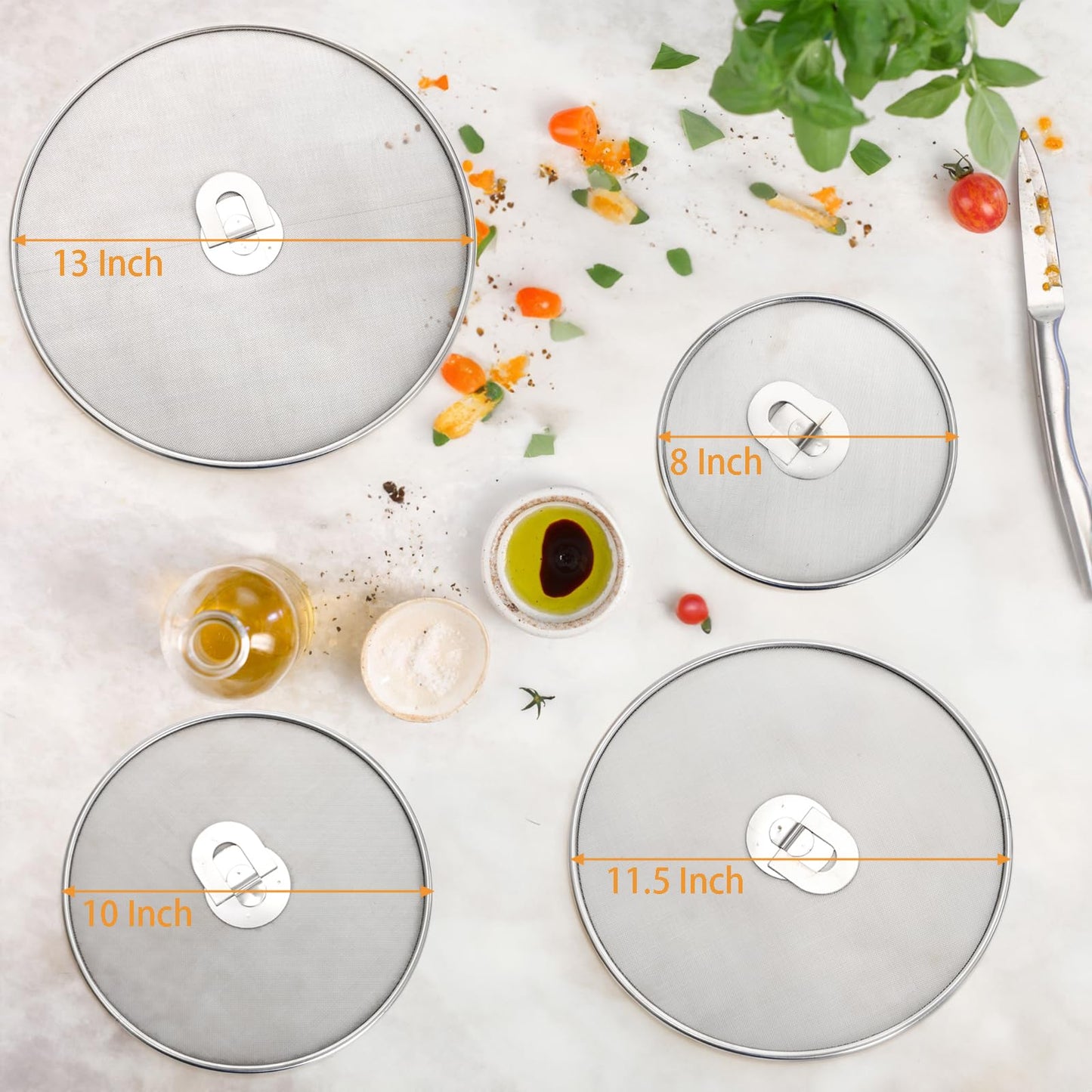 Nicunom 4 Pack Splatter Screen for Frying Pan, 13", 11.5", 10", 8" Stainless Steel Grease Splatter Guard with Fold Flat Knob, Kitchen Oil Splatter Guard Set for Safe Cooking