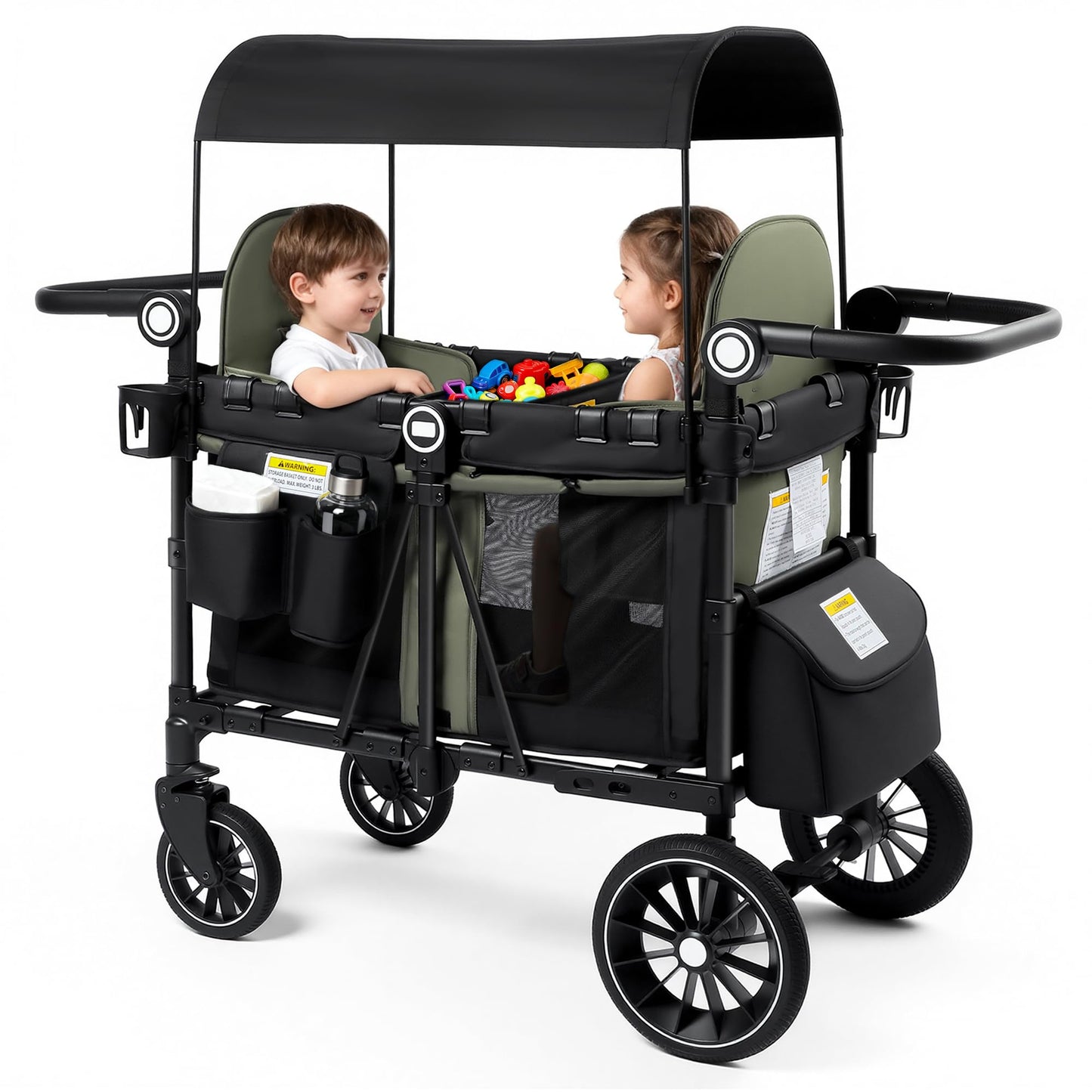 Kinder King Wagon Stroller for 2 Kids, All-Terrain Foldable Outdoor Stroller Wagon 2 Seater, Removable Canopy, Adjustable Handle, Shock-Absorbing Wheel, Detachable Tray, Large Storage, Green
