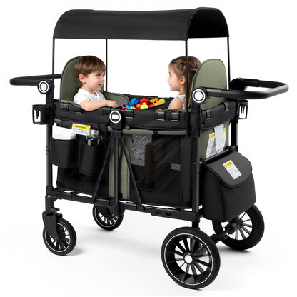 Kinder King Wagon Stroller for 2 Kids, All-Terrain Foldable Outdoor Stroller Wagon 2 Seater, Removable Canopy, Adjustable Handle, Shock-Absorbing Wheel, Detachable Tray, Large Storage, Green