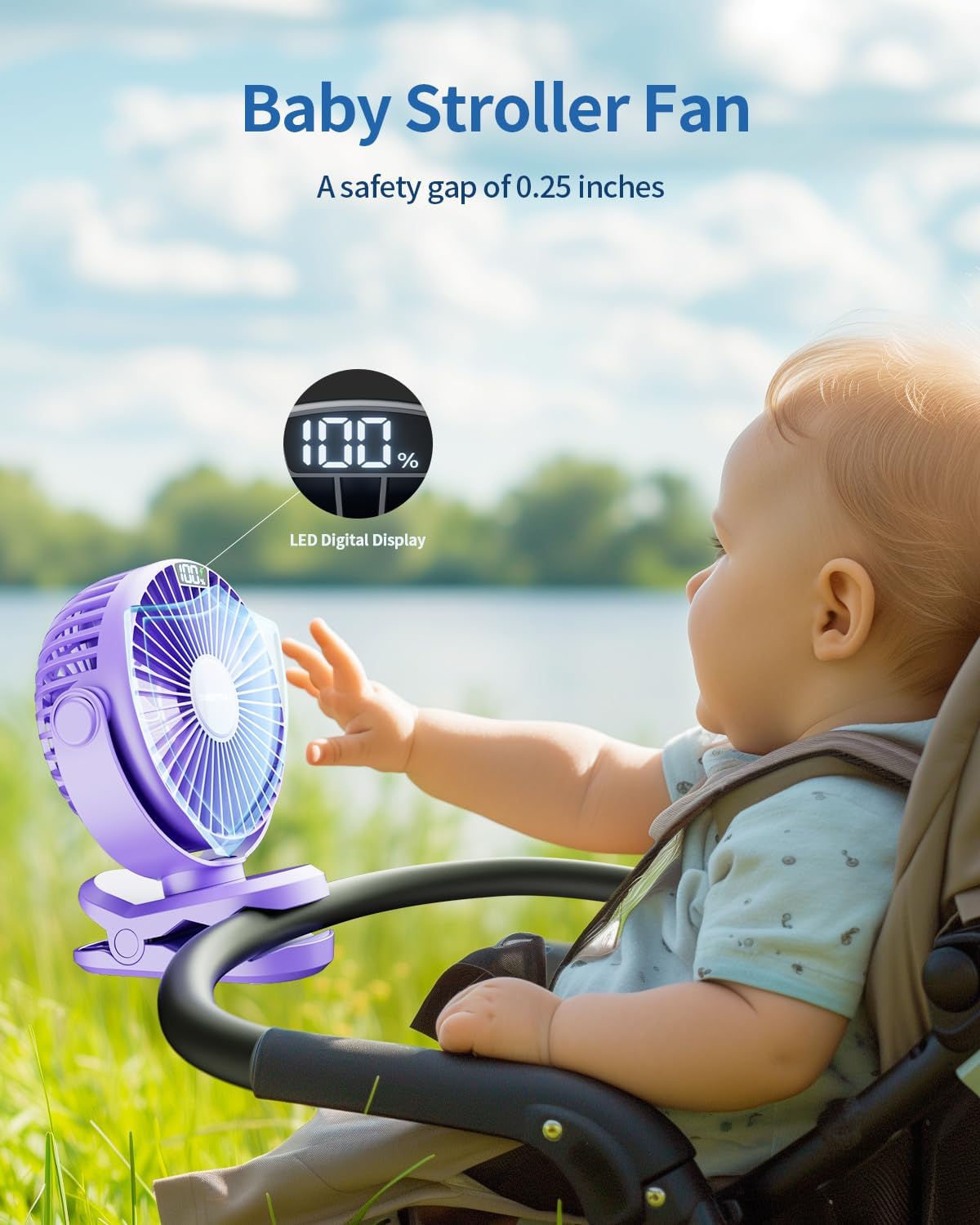 SWEETFULL Portable Clip on Fan, Battery Operated 4000mAh Rechargeable Fan with LED Display, 4 Speeds for Travel Camping
