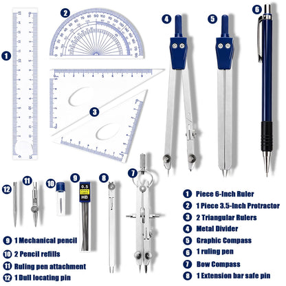 13 Pieces Geometry Set Compass Geometry Tools Math Compass and Protractors Metal Precision Drafting Kit with Storage Box Rulers Pencils Technical Drawing, Engineering & Architecture