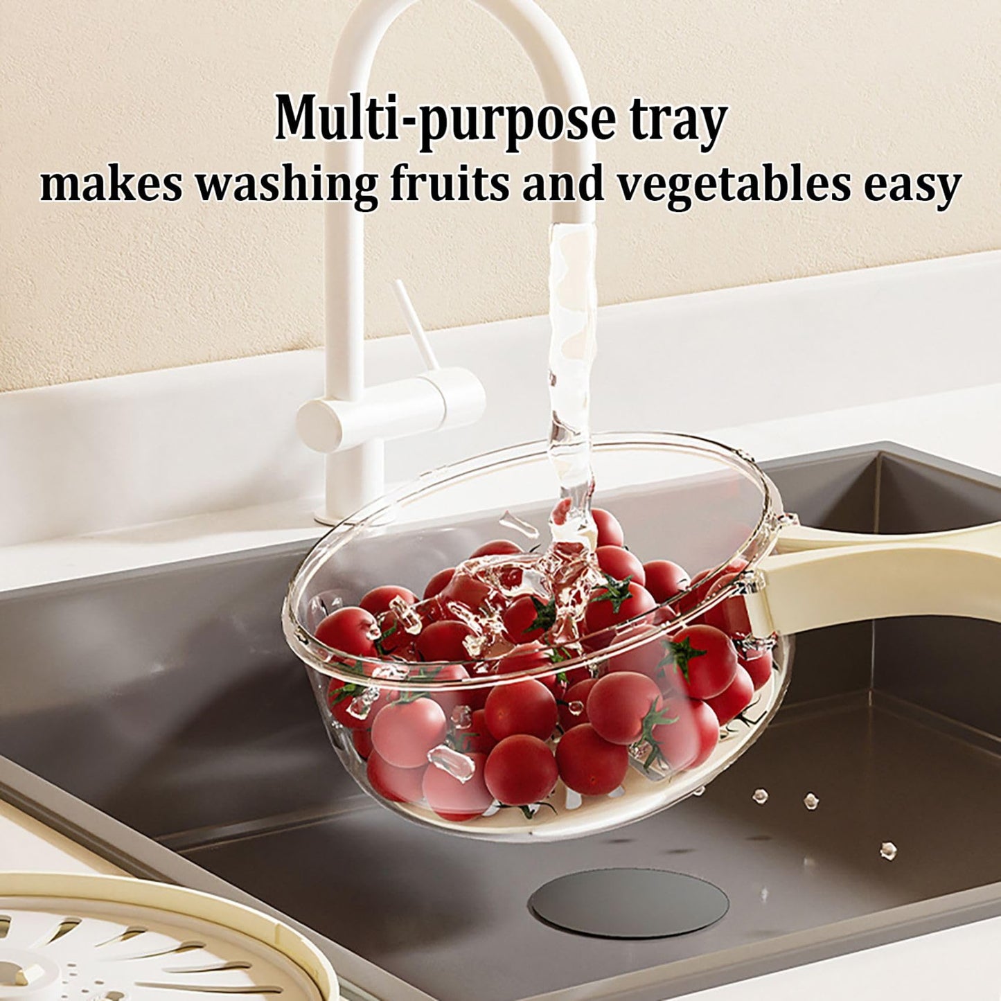 Kitchen Fruit Drainage Basket, Multifunctional Drainage Bowl, Fruit and Vegetable Washing Bowl with Lid, Kitchen Dual-Layer Draining Basket with Foldable Handle Portable 6.1" Fruit Strainer Brown