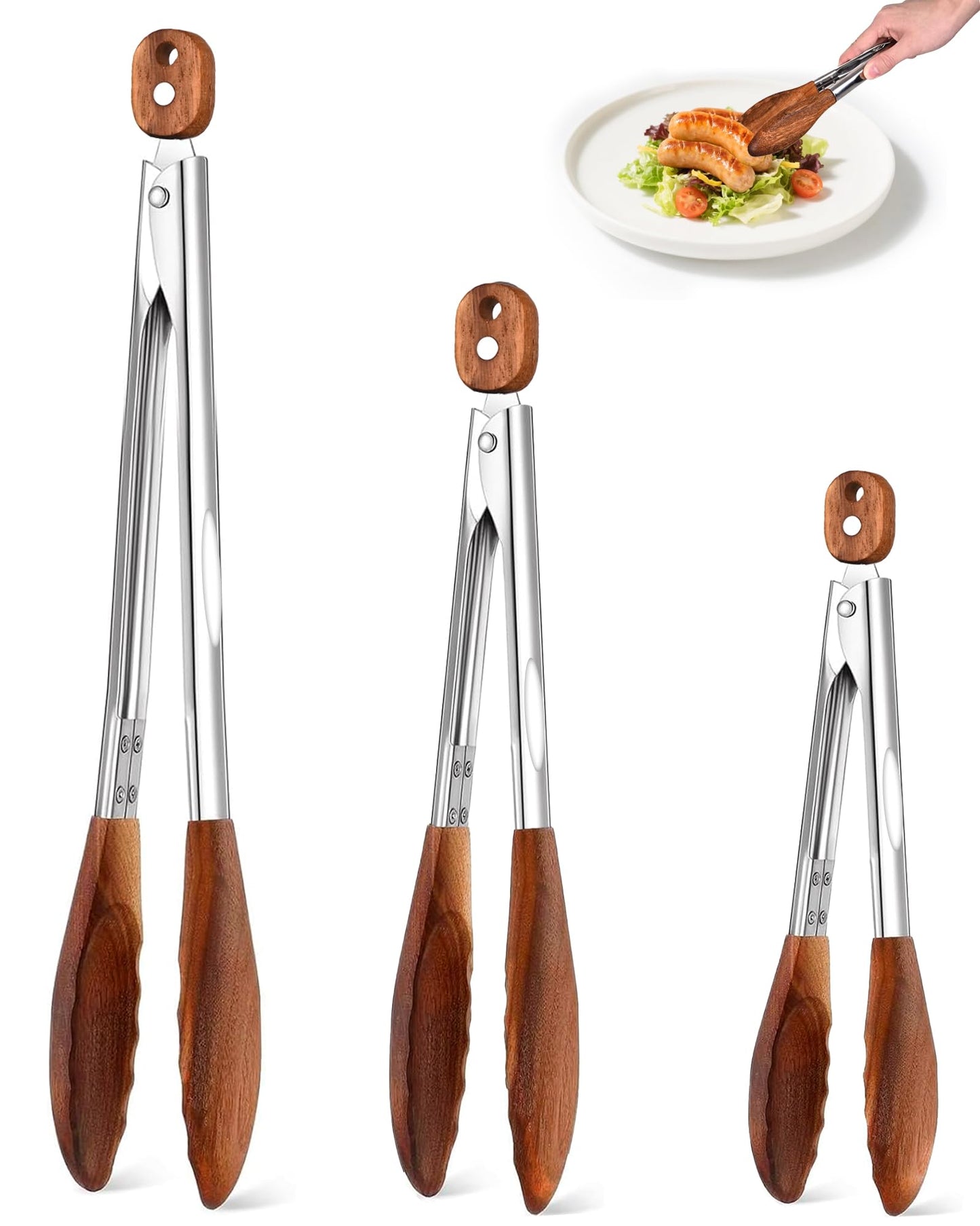 Wooden Tongs for Cooking Set of 3 (7",9",12") Natural Walnut Wooden kitchen Tongs for Grilling, Serving, BBQ and Tossing Salad etc | Ergonomic Stainless Steel Non-Slip Grip, Heat Resistant, Pull Lock