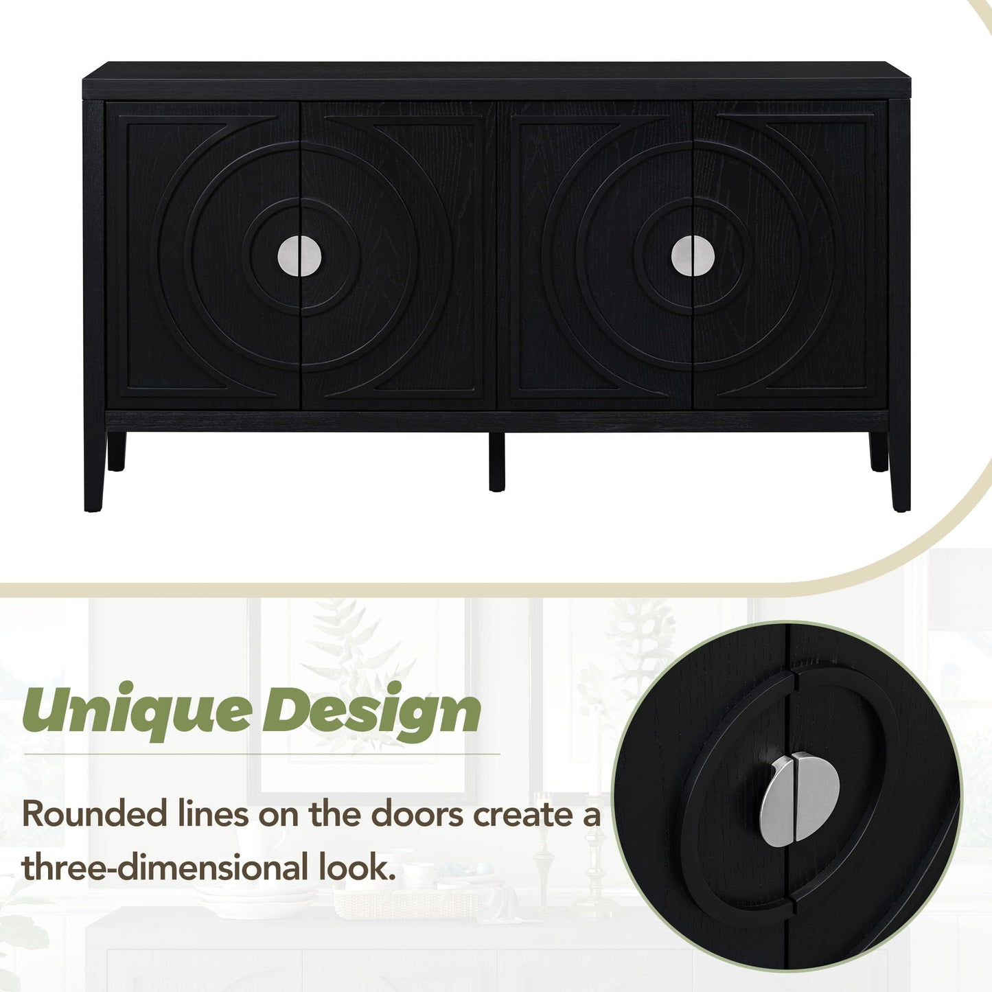 Jintop Retro Sideboard with Circular Groove Design Round Metal Door Handle,Wooden Buffet Cabinet,W/Adjustable Shelves & Open Countertop,for Entrance Living Dinning Room,Black