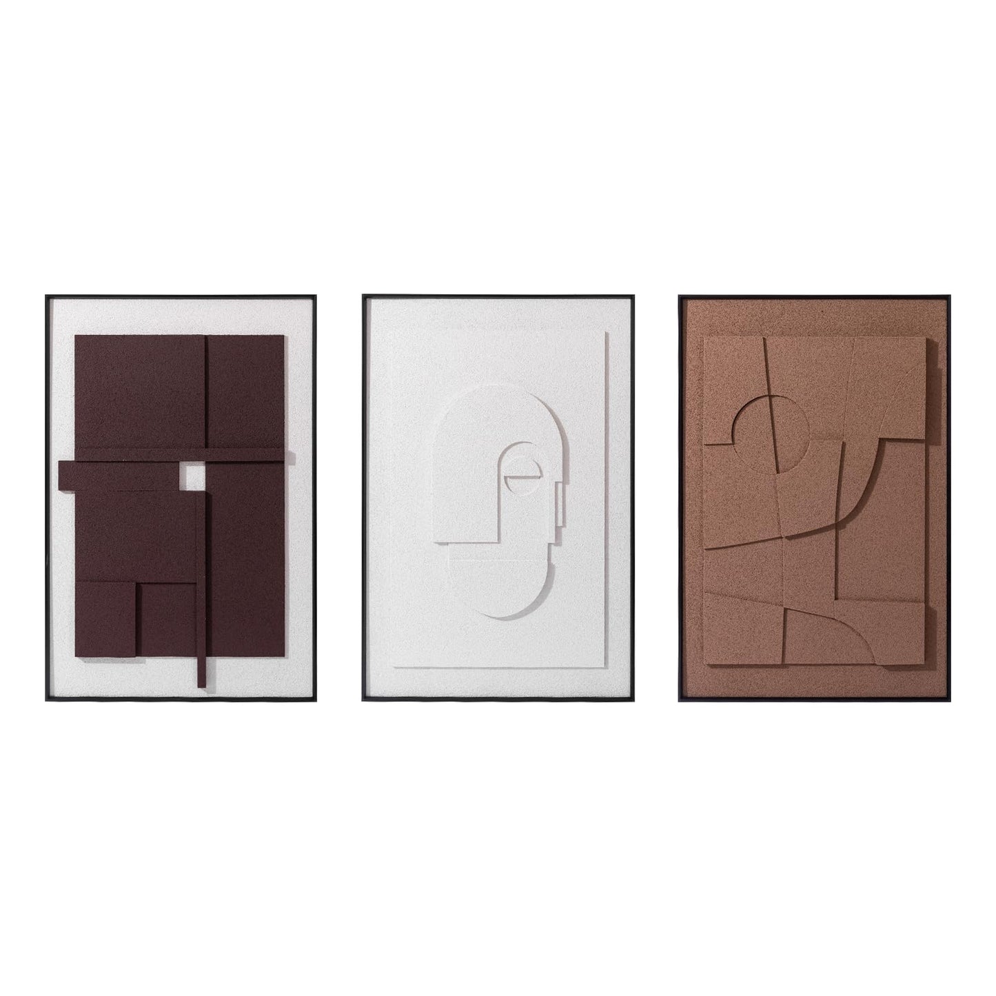 AMAATE 3 Pieces 3D Sandstone Wall Art, Black Metal Framed Modern Abstract Geometric Relief Wall Decor, Brown White Textured Wall Paintings for Living Room Bedroom Office, 24x36 Inches, Ready to Hang