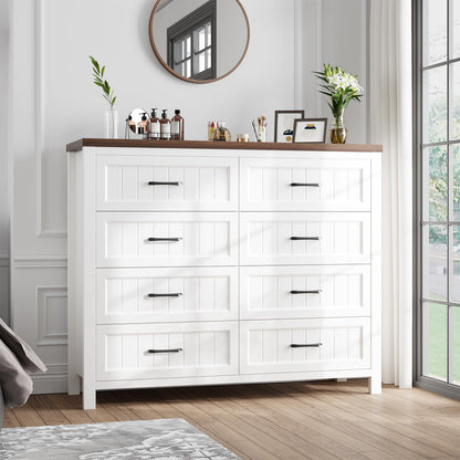 Jocoevol Farmhouse Dresser 8 Drawer Dresser for Bedroom, Large Wooden Dressers Double Grey Dresser with Deep Drawers Dressers for Hallway, Entryway (White and Brown)