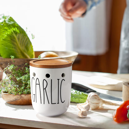 CMLKLZD Ceramic Garlic Keeper for Counter, Large Garlic Holder with Acacia Wood Lid, Farmhouse Garlic Storage Container, Garlic Saver for Kitchen, White