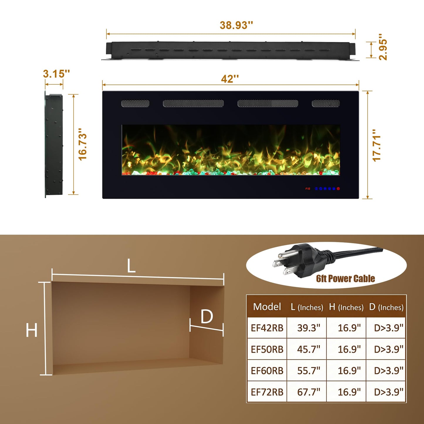 VILLABROT 42 Inch Ultra Thin Electric Fireplace Heater, Recessed & Wall Mounted Electric Fireplace Insert with Thermostat, 13 Flame Colors, Remote Control, 750/1500W for Living Room Bedroom