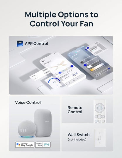 DREO Smart Ceiling Fan - 12 Speeds & 3 Modes - Quiet DC Motor, Dimmable LED, Remote Control - 44'' White