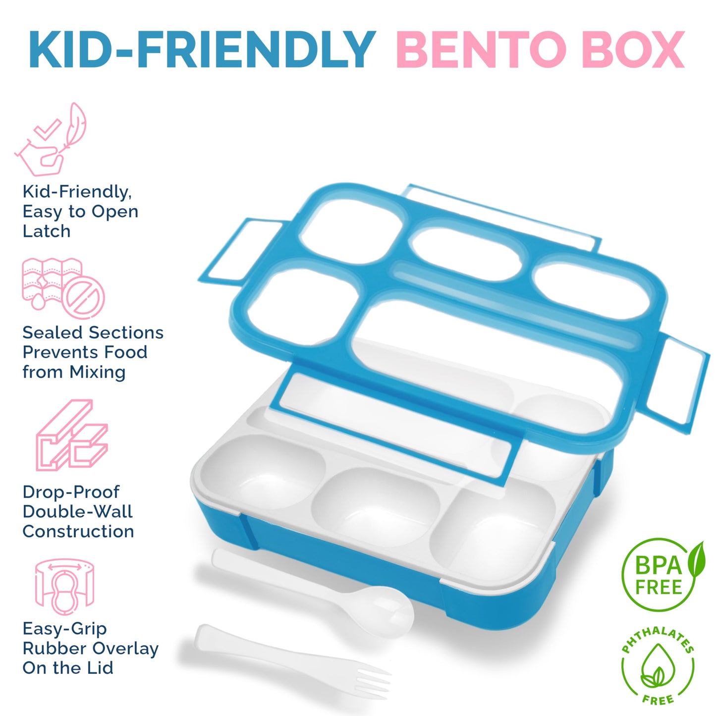 6 Compartment Lunch Boxes. Bento Box Lunchbox Containers for Kids, Boys Girls Adult. BPA-Free Microwave Safe School Bentobox Meal Planning Portion Container. Leakproof. Set of 2 Blue & Pink Kits