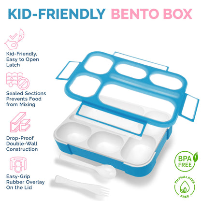 6 Compartment Lunch Boxes. Bento Box Lunchbox Containers for Kids, Boys Girls Adult. BPA-Free Microwave Safe School Bentobox Meal Planning Portion Container. Leakproof. Set of 2 Blue & Pink Kits