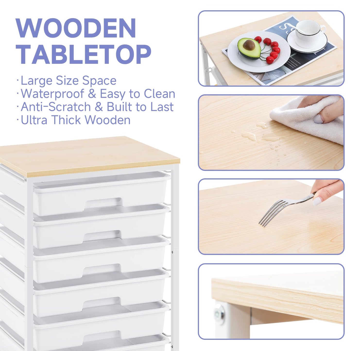 SYKIARIOL Rolling Cart with Drawers,Utility Cart with 6 Drawers,Rolling Storage Cart with Drawers and Wooden Tabletop & Lockable Wheel,White