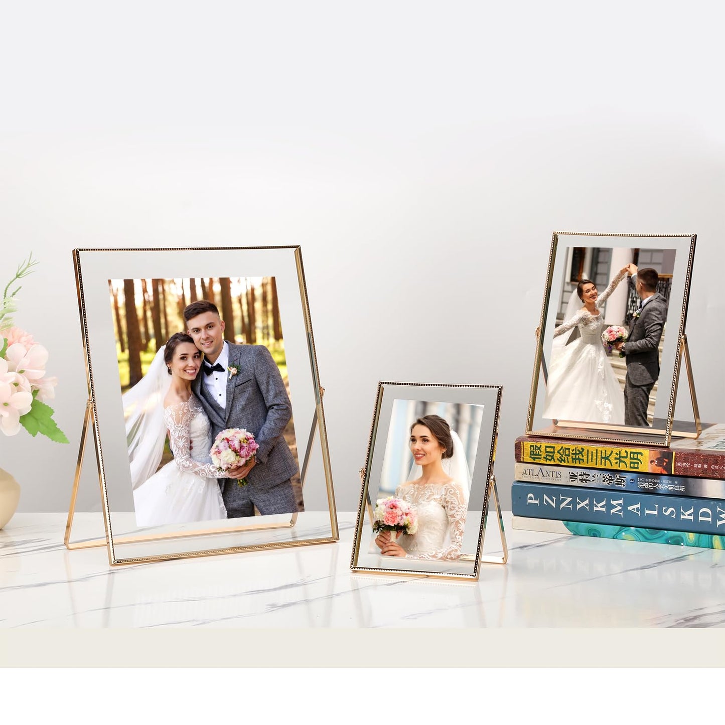 Classura Gold 8x10'' Floating Picture Frame Set of 2,For Photo Sizes (5x7'',6x8'',7x9''),Beautiful Metal Beaded Edge Frames Adjustable Tabletop/Shelf Photo Frame,Classy Gift Choice for Wedding