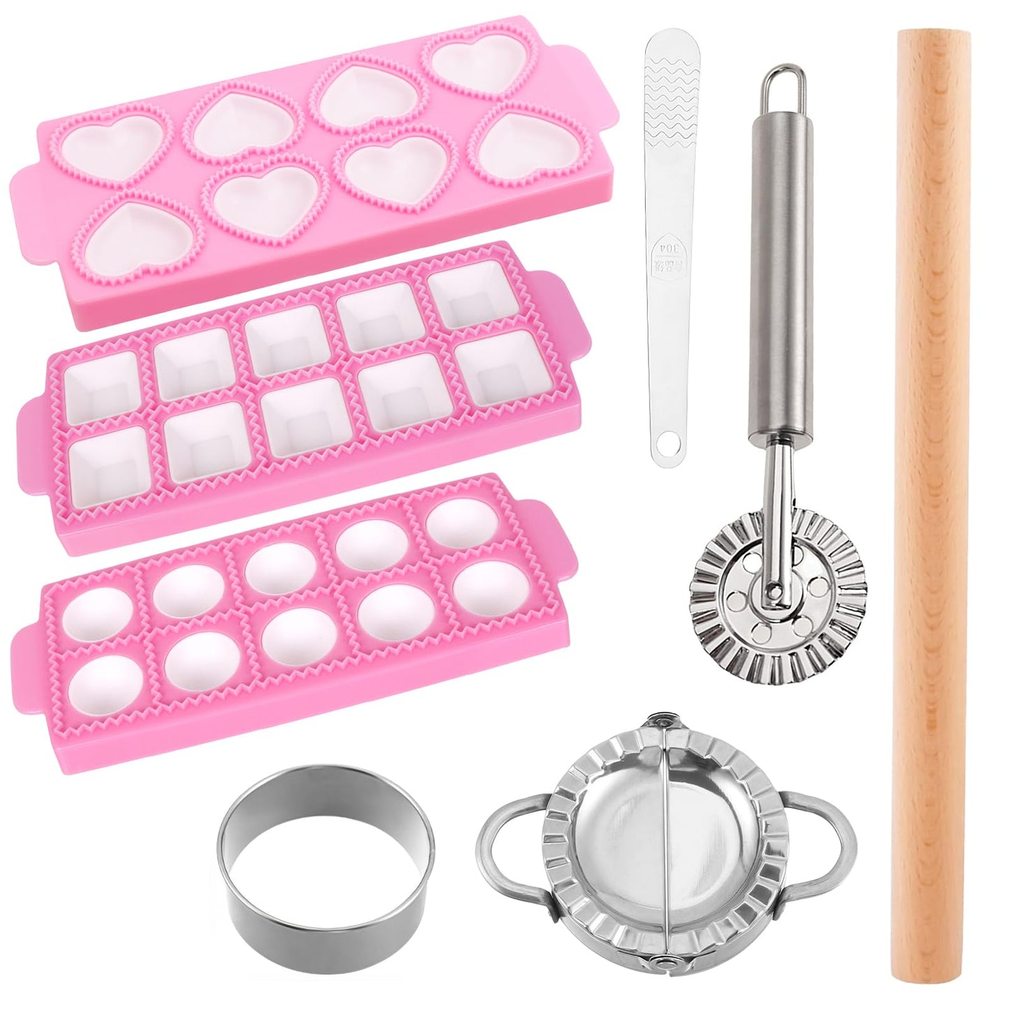 8pcs Ravioli Mold Set, 3 Rectangle Ravioli Maker Press + Dumpling/Pasta Cutter, Round Ravioli Cutter, Rolling Wheel, Dough Rolling Pin - Complete Pasta Making Tools for Ravioli Empanada