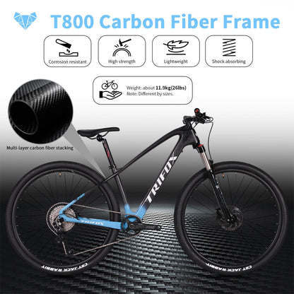 TRIFOX Carbon Fiber Mountain Bike with Shimano M6100 Deore Groupset 12-Speed,Carbon Fiber Frame,Hydraulic Fork 130mm Travel,29er Mountain Bike for Adult 17/19 inch (Blue, 29er * 17 inch)