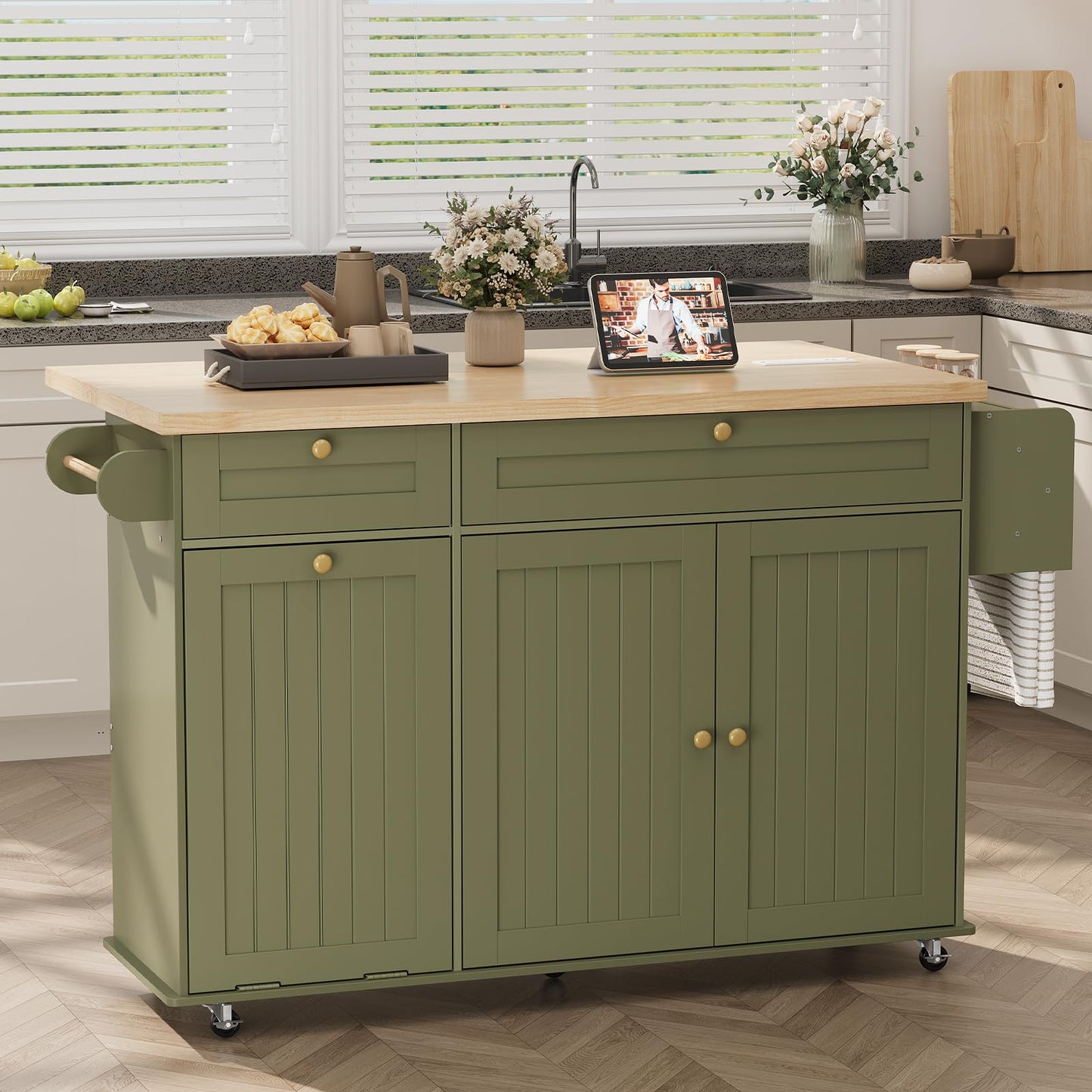 ComfyCorner 60" Rolling Large Kitchen Island on Wheels with Extendable Table, Drop Leaf & Power Outlet, Mobile Kitchen Cart with Storage Cabinet, 2 Drawers, Spice Rack, Towel & Knife Holder, Green