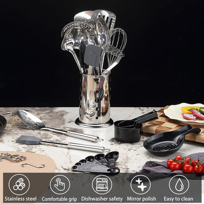 Reanea Kitchen Utensils Set, 39 Pieces Stainless Steel Cooking Utensils Set, Spoon Spatula Set with Sturdy Stainless Steel Utensil Holder, Dishwasher Safe