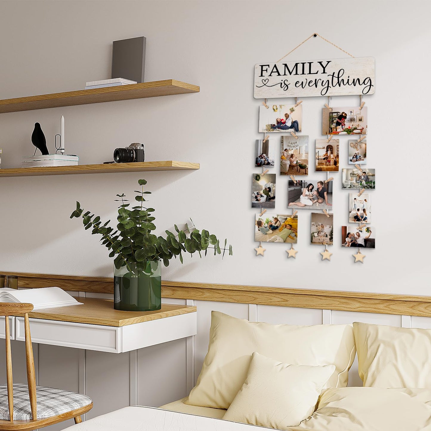 NaZaUK Family Picture Frames Collage Wall Decor Hanging Display, Family is Everything, Hanging Photo Display with Clips, Picture Board Wood Rustic Frames, Bedroom Decor for Teen Girls