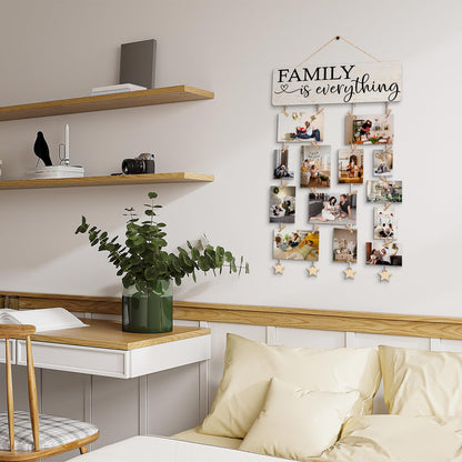 NaZaUK Family Picture Frames Collage Wall Decor Hanging Display, Family is Everything, Hanging Photo Display with Clips, Picture Board Wood Rustic Frames, Bedroom Decor for Teen Girls
