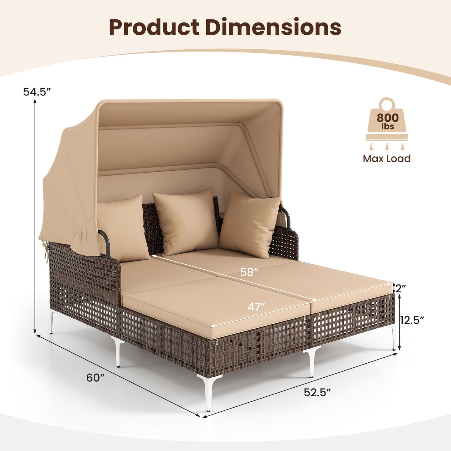 Tangkula Outdoor Rattan Daybed with Retractable Canopy, Boho Patio Wicker Sunbed with Metal Support, Pillows & Cushions, Outdoor Double Chaise Lounge with Shade for Backyard, Poolside, Deck & Balcony