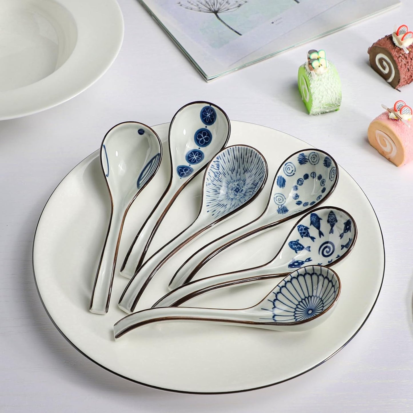 Ceramic Soup Spoons Set of 6, Long Handle Japanese Ramen Spoon for Dumpling, Noodles, Miso, Chinese Wonton