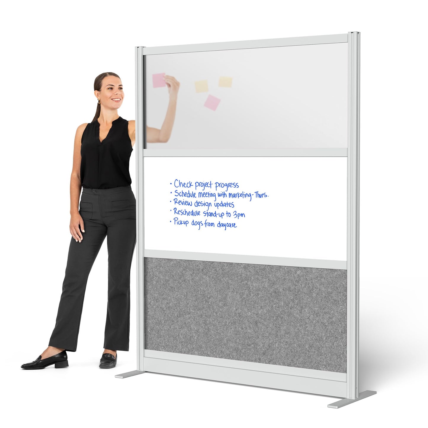Stand Up Desk Store Workflow Wide Modular Wall | 53'' x 70'' Wall | Expandable Partition Room Divider with Rearrangeable Frosted Acrylic, Sound Absorbent and Whiteboard Panels (Silver Frame)