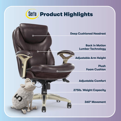 Serta Claremont Ergonomic Executive Office Chair with Back in Motion Technology, Adjustable Mid Back Desk Chair with Lumbar Support, Bonded Leather, Chestnut Brown