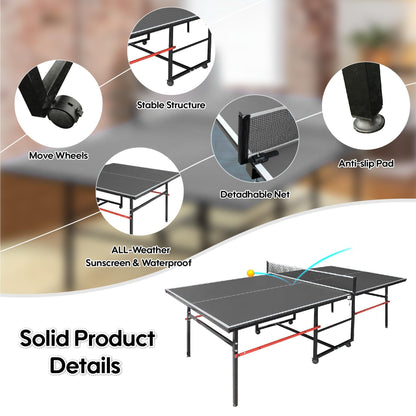 8FT Table Tennis Table with Net, Indoor/Outdoor Professional Ping Pong Table for Kids Adults, Folding Ping Pong Table, Complete Set with Paddles and Balls, School Playground Game Table (Black)