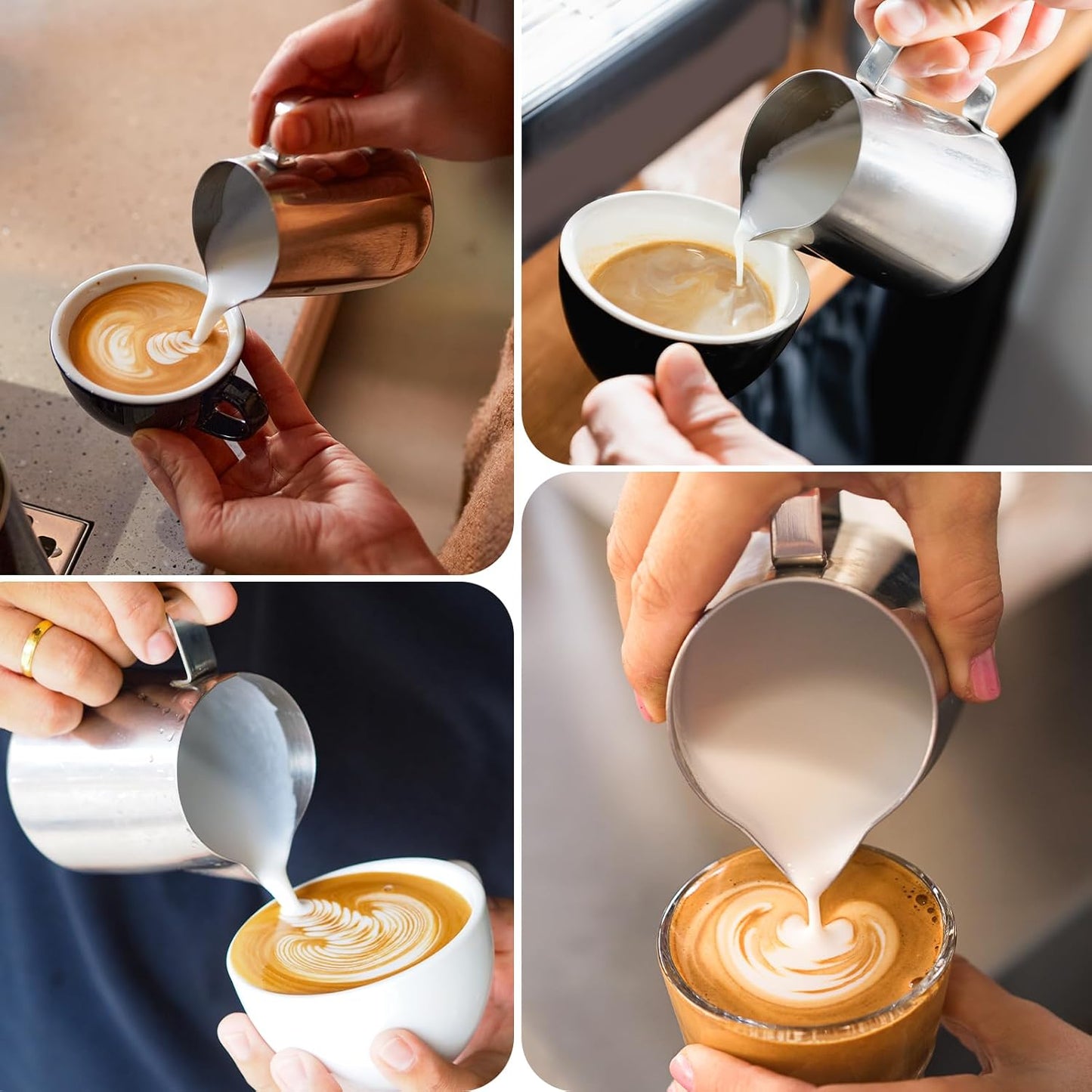 14oz Nahida Handheld Milk Frother Wand with Stand & Milk Frothing Pitcher Milk Coffee Cappuccino Latte Art - White