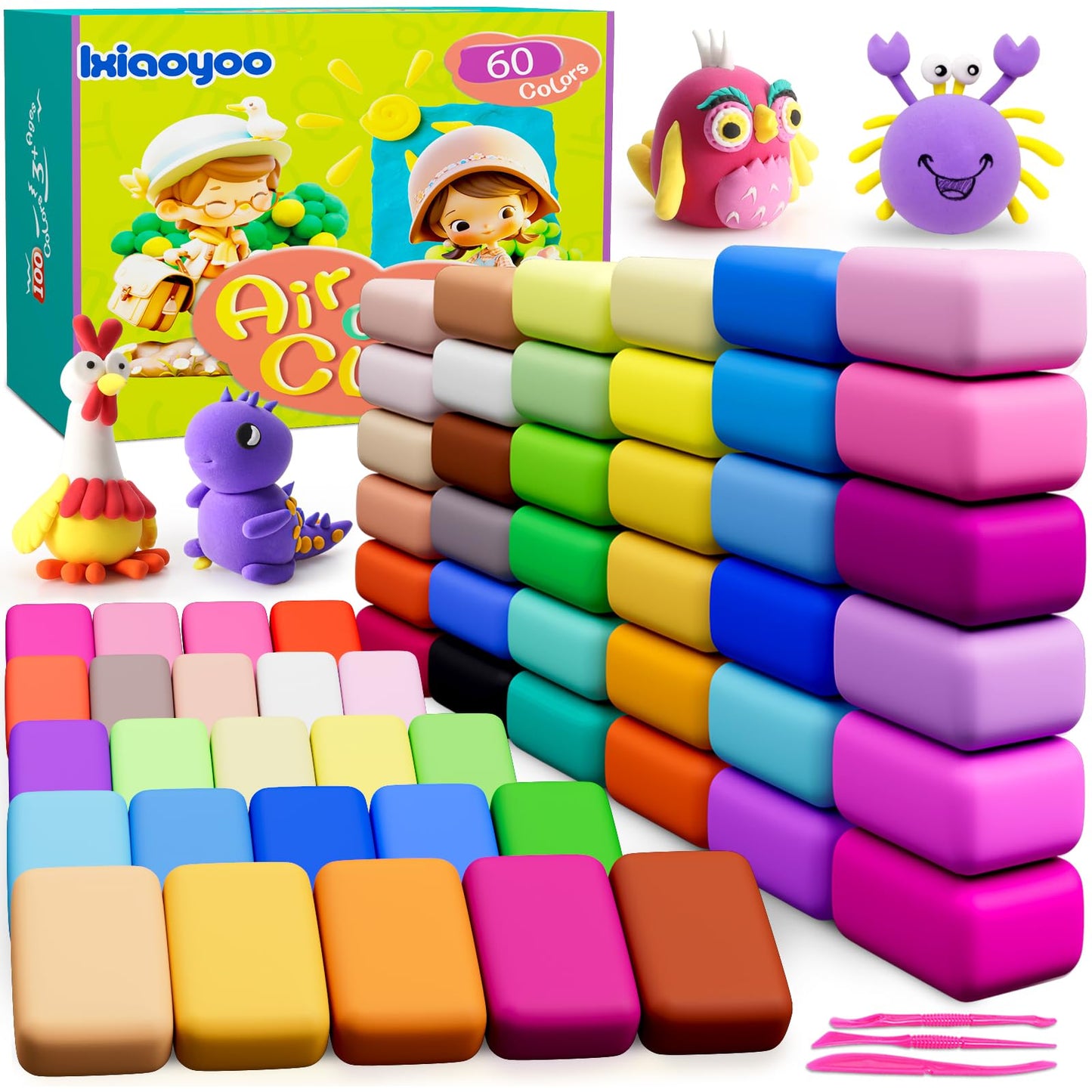 Ixiaoyoo Air Dry Clay for Kids, 60 Colors Modeling Magic Clay, Safe & Non-Toxic, DIY Model Arts & Crafts Kit with Sculpting Tools, Birthday&Christmas Toy Gift for 3-12 Years Old Boys Girls Kids