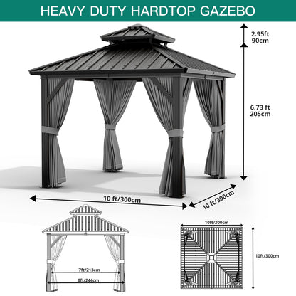 PeakPursuit 10'x10' Hardtop Gazebo, Heavy Duty Aluminum Permanent Hardtop Gazebo Outdoor Pavilion with Curtains and Netting for Garden