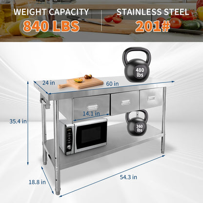 Stainless Steel Table with 3 Drawers, 60" X 24" NSF Prep Table with Adjustable Undershelf & Paper Towel Holder, Heavy-Duty Food Prep Worktable for Commercial Kitchen Restaurant Garage Warehouse