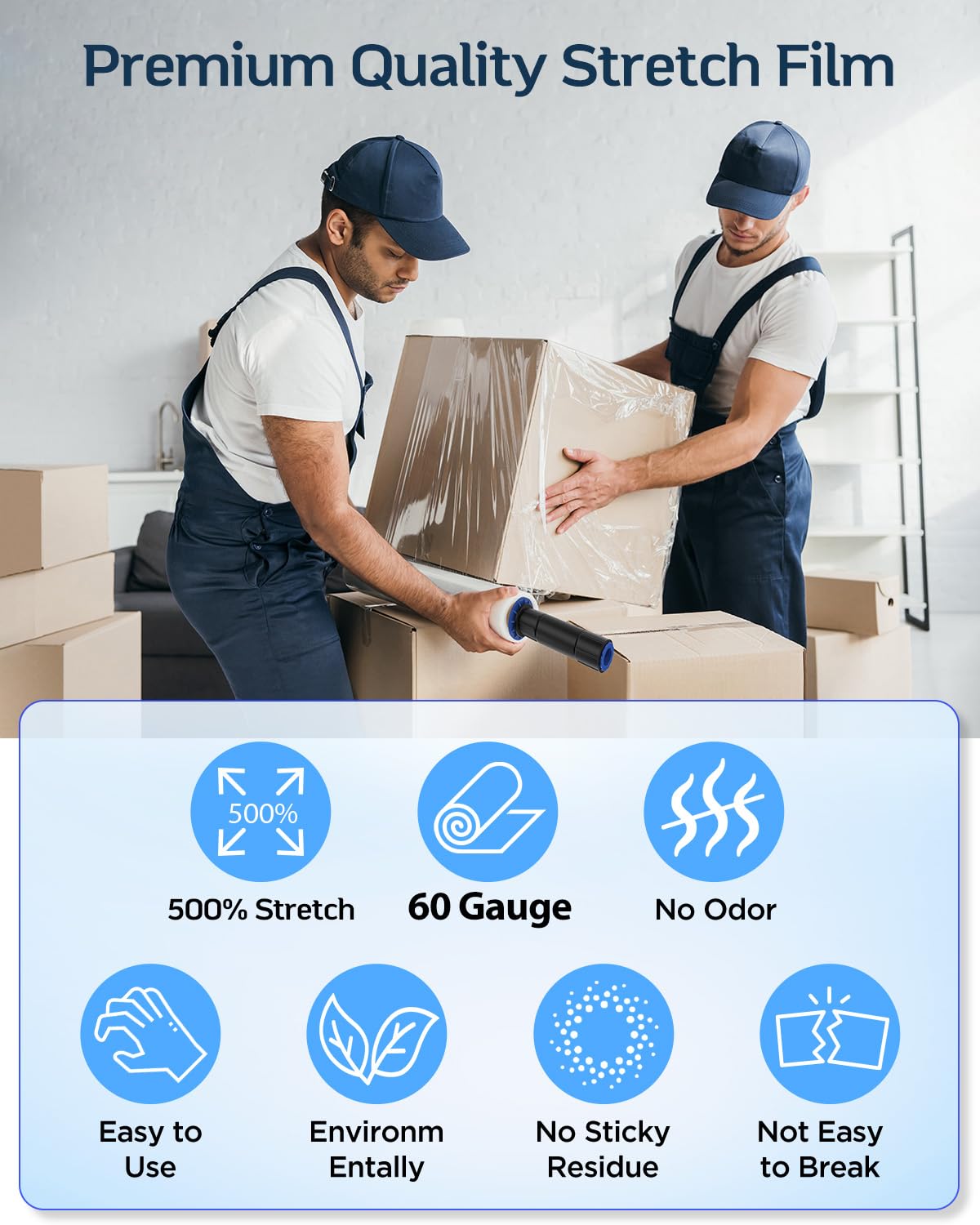 FugaCity Stretch Wrap Film-15 in 1000 FT 60 Gauge (1 Roll with Handles) Shrink Wrap for Furniture Wrapping Shipping, Moving Supplies Clear Plastic Wrap, Heavy Duty Industrial Strength,500% Stretch