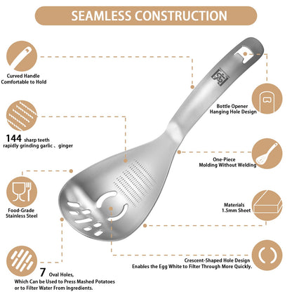 2PC Multi-Function Cooking Spoon with Potato Masher, Egg Yolk Separator, Grater Plate, Bottle Opener & Slotted Spoon - 304 Stainless Steel, MEIYUSHENG