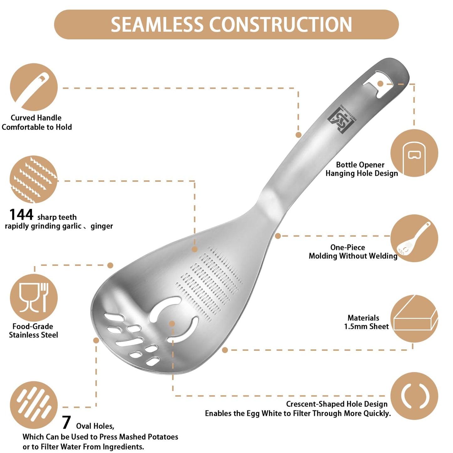 MEIYUSHENG 304 Stainless Steel Multi-Function Pasta Cooking Spoon: Comes with Potato Masher, Egg Yolk Separator, Grater Plate, Bottle Opener & Slotted Spoon