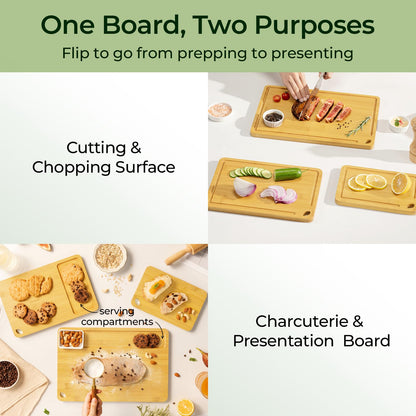 Keechee Wood Cutting Board for Kitchen - Reversible Bamboo Cutting Boards Gift Set of 3 with Juice Groove, Wooden Chopping Board for Meat, Fruit, Vegetables & Cheese (Pre Oiled, Natural)