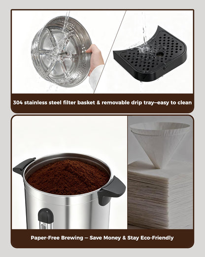OSTBA 1500W Commercial Coffee Urn 100 Cup / 15L Large Percolator Coffee Pot, 304 Stainless Steel Double-Wall Hot Water Dispenser Electric Coffee Maker Fast Brewing for Catering, Parties & Events