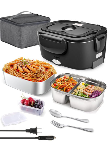 Buddew Electric Heated Lunch Box, 80W Fast Heating with Dual 1.5L Food-Grade 304 Stainless Steel, 12V/24V/110V Portable Food Warmer for Car Truck Office Adults, Lonchera Electrica Portatil (Black)
