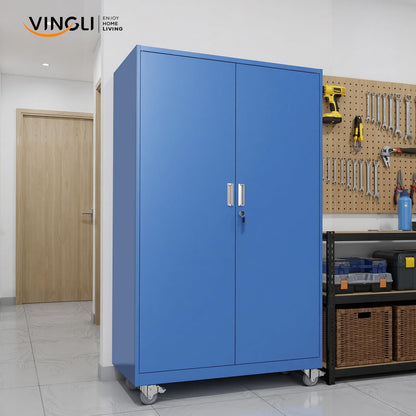 VINGLI Large Metal Storage Cabinet with 2 Doors and 5 Adjustable Shelves, Upgraded Height & Wide & Deep, 43''W x 20''D x 72''H, Oversized Garage Storage Cabinet with Wheels and Locks (Blue)