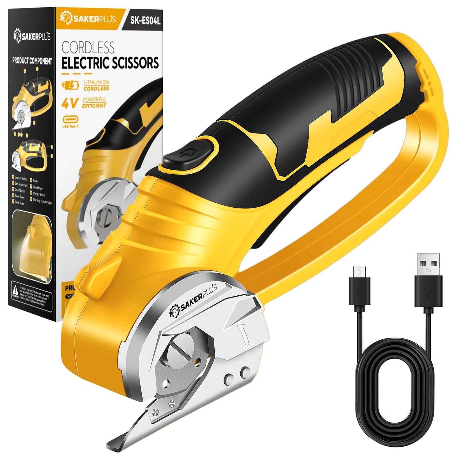 SakerPlus Cordless Electric Scissors, 4V Cardboard Cutter, Box Cutter Fabric Scissor with Safety Lock & LED Light, Rechargeable Power Rotary Cutters for Box Carpet Fabric Plastic Leather