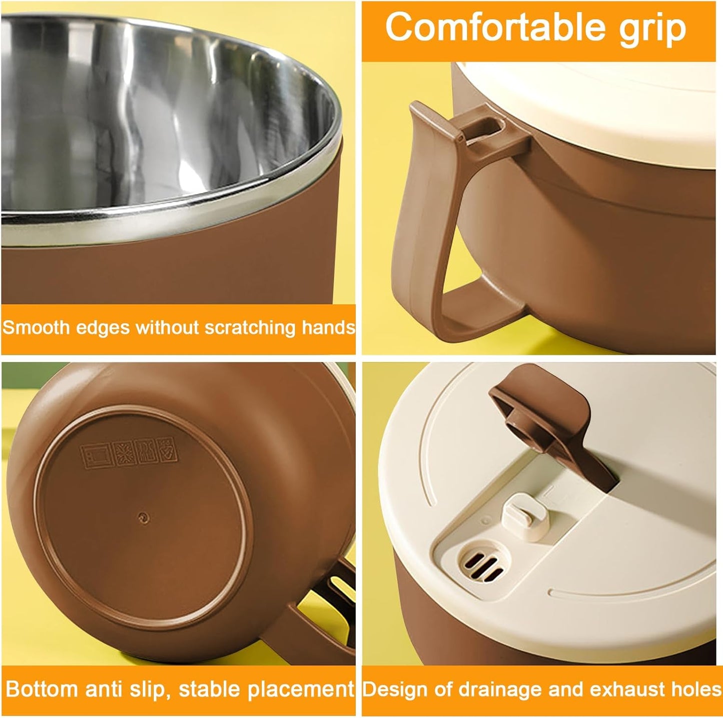 Microwave Ramen Bowl with Handles, 304 Stainless Steel Liner, Large Soup Cups for Ramen, Noodle, Cereal, 42 oz