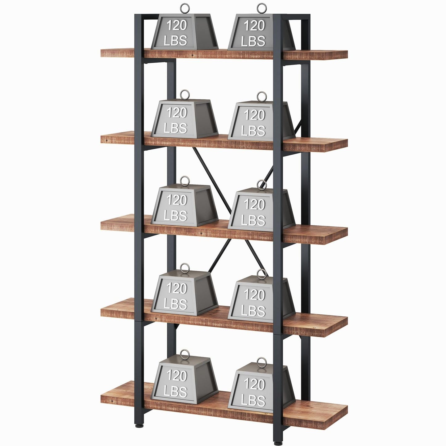 HSH 5 Tier Solid Wood Bookshelf, Natural Real Wood Bookcase, Industrial Rustic Vintage Etagere Bookshelf, Open Metal Farmhouse Solid Wooden Book Shelf, Distressed Brown