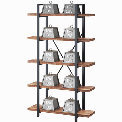 HSH 5 Tier Solid Wood Bookshelf, Natural Real Wood Bookcase, Industrial Rustic Vintage Etagere Bookshelf, Open Metal Farmhouse Solid Wooden Book Shelf, Distressed Brown